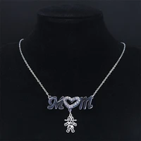 2022 family steampunk girl crystal stainless steel heart mom chain necklaces women silver color jewelry bijoux femmeny105s01