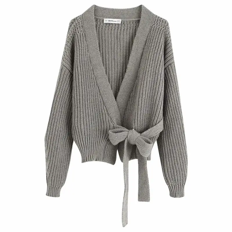 

Fashion Women V Neck Sashes Knitted Coat 2020 New Female Long Sleeve Loose Outerwear Casual Lady Tops