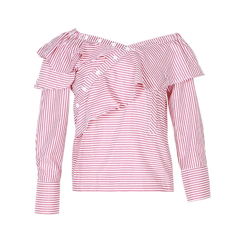 

Spring New Irregular Silm Blouses for Women 2021 Chic Backless Stripe Long Sleeve Shirts Fashion Ruffles Patchwork Female Tops
