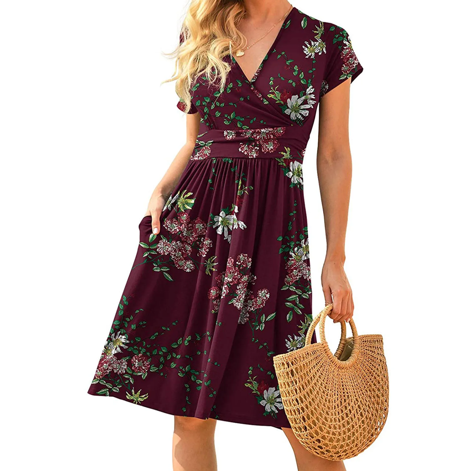 

Женское модное повседневное удобное однотонное платье с V-образным вырезом, коротким рукавом и карманами, ТРАПЕЦИЕВИДНОЕ мини-платье, сараф...