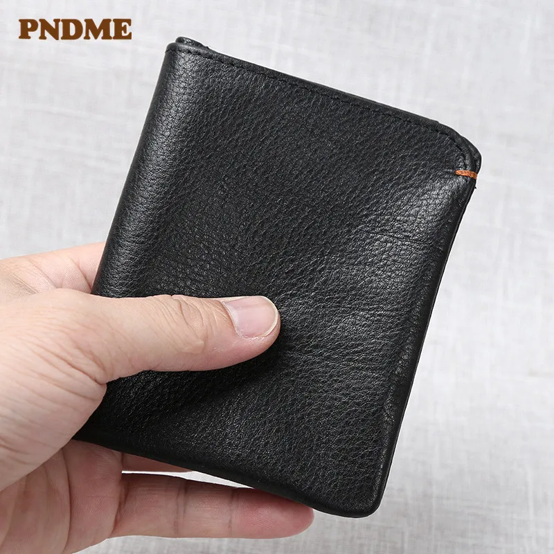

PNDME fashion simple genuine leather men's women's small wallet vintage natural real cowhide black ID credit card holder purse