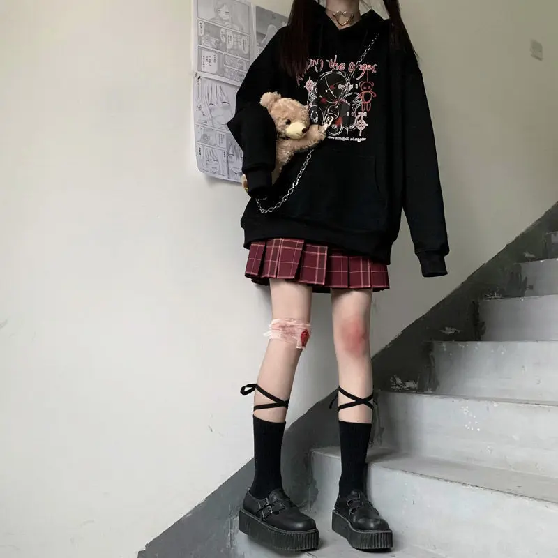 

QWEEK Harajuku Hoodie Women 2021 Fashion Janpanese Streetwear Graphic Bear Print Kawaii Black Hoodie Goth Gothic Style Hoodies