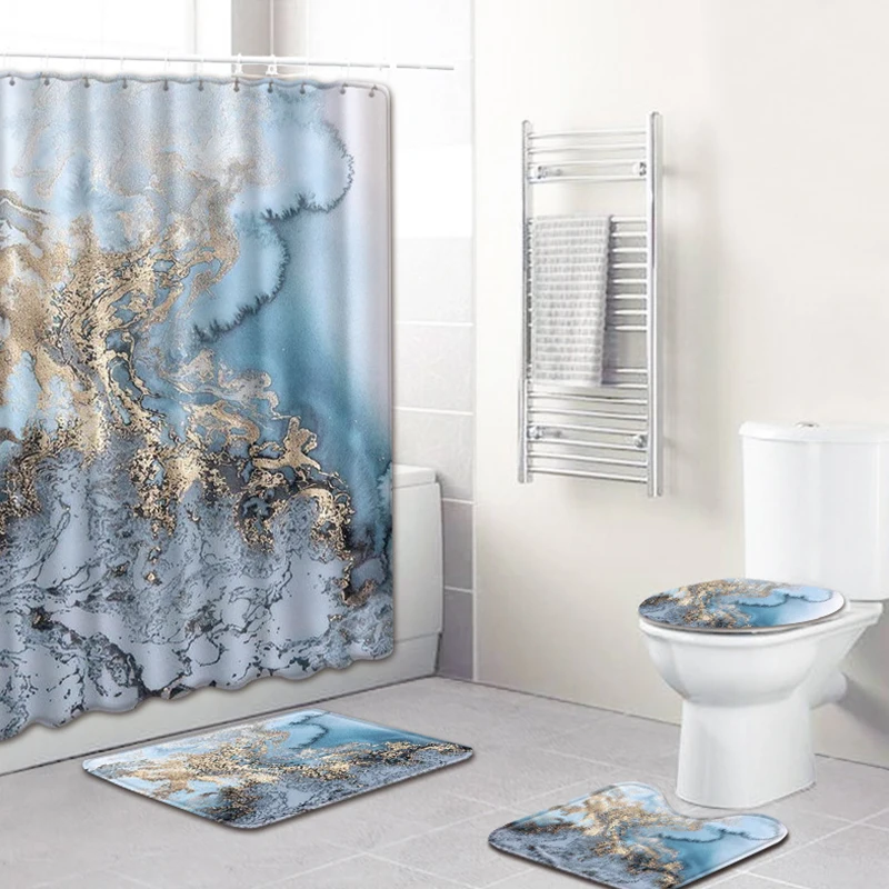 white marble bathroom curtain set simple waterproof shower curtains bathtub screen with hooks soft mat set toilet lid cover rug free global shipping