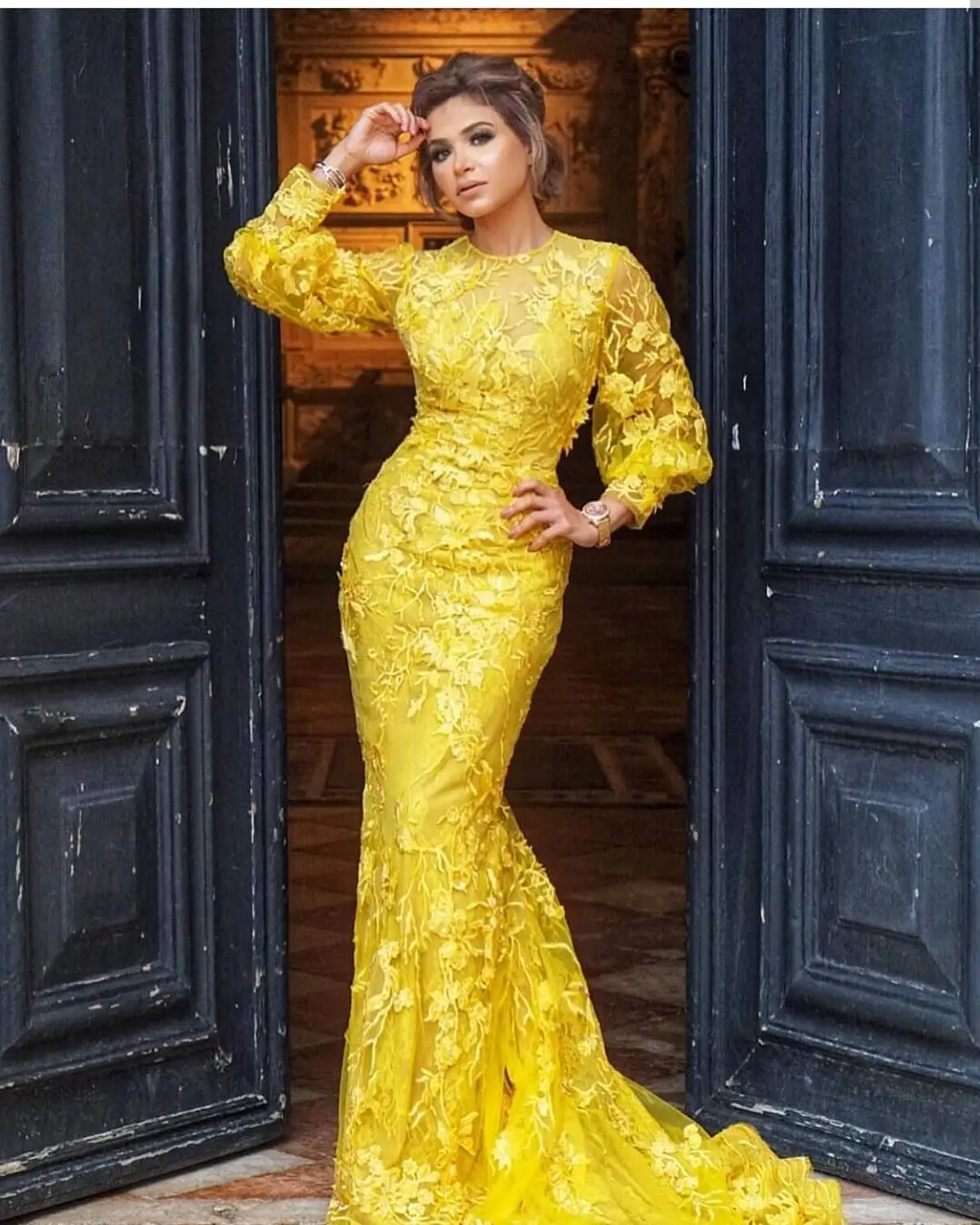 

Женское вечернее платье-Русалка Beauty-Emily, золотистое и желтое кружевное платье с длинным рукавом, расшитое объемными цветами, в арабском стил...