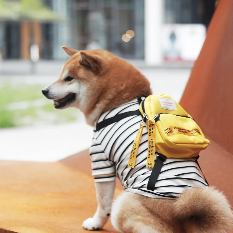 

Модная футболка с рюкзаком для собаки, в полоску, с ремешком для французского бульдога, школьная сумка для собаки, милая летняя Классная руб...
