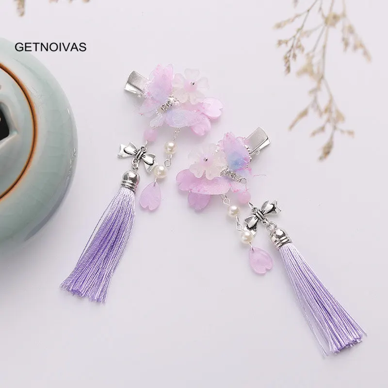GETNOIVAS, 1 пара, Ретро стиль, длинные кисточки, бусины, заколка для волос, имитация жемчуга, Хрустальный цветок, заколки для волос, для женщин, детей, украшение для волос