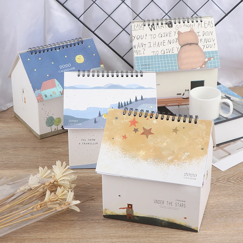 

2020 Creative Folding House Desk Calendar Van Gogh Starry Night Cartoon Animal Calendars Desktop Storage Box