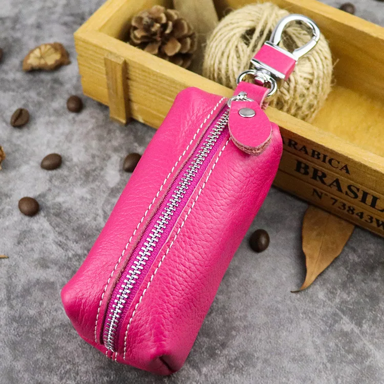 Rose Red Genuine Leather Car Key Protection Case Men Keychain Coin Purse Casual Housekeeper Holders Zipper Key Covers Wallet Unisex - Цвет: Rose Red