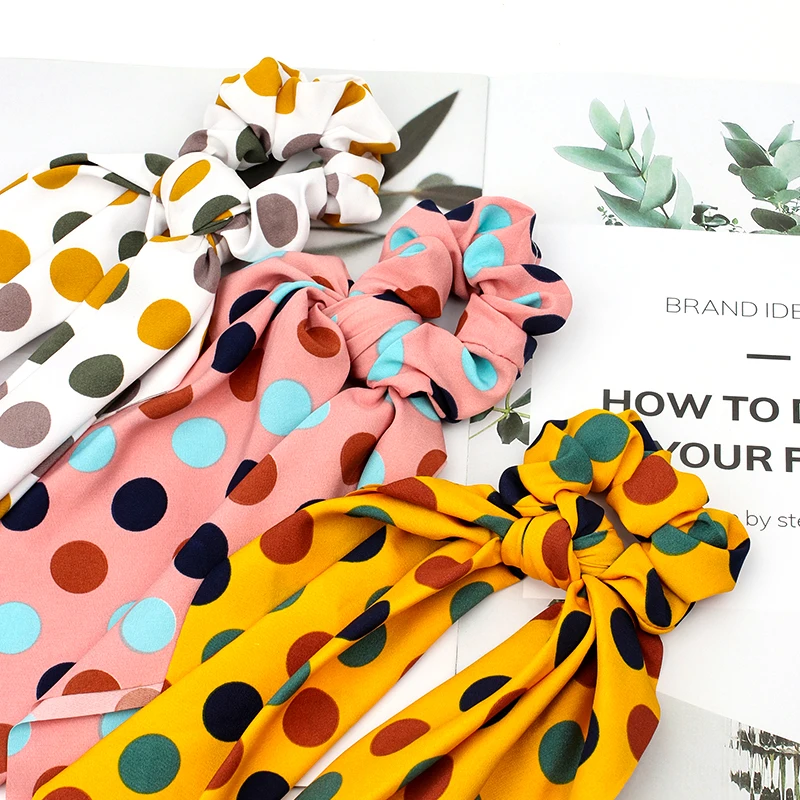 

New Colorful Dots Printed Bow Hair Scrunchies For Women Elastic Hair Bands Girls Ponytail Holder Ribbon Hair Ties Rope