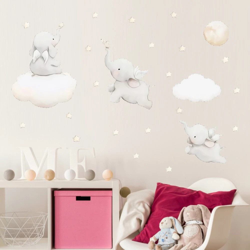 Cute Cartoon Stars Cloud Wall Stickers Elephant Animal Sticker Baby Kids Room Decoration Nordic Style Nursery Vinyl Decals | Дом и сад