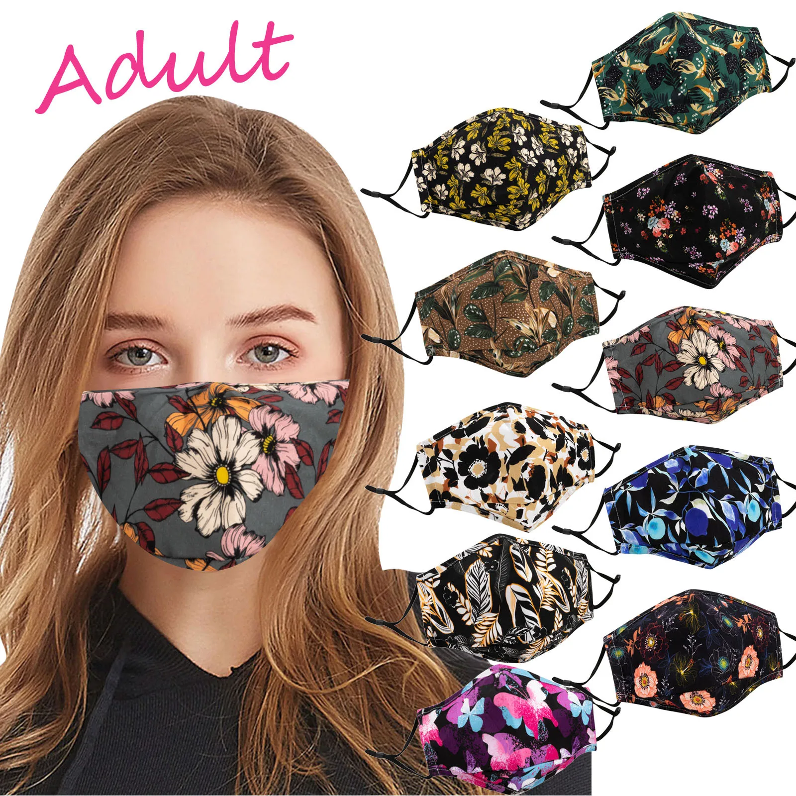 

Adult Floral Print Cloth Cotton Mask With Filter Pocket Adjustable Washable Dustproof Safet Protect Haze Face Mask Mascarilas