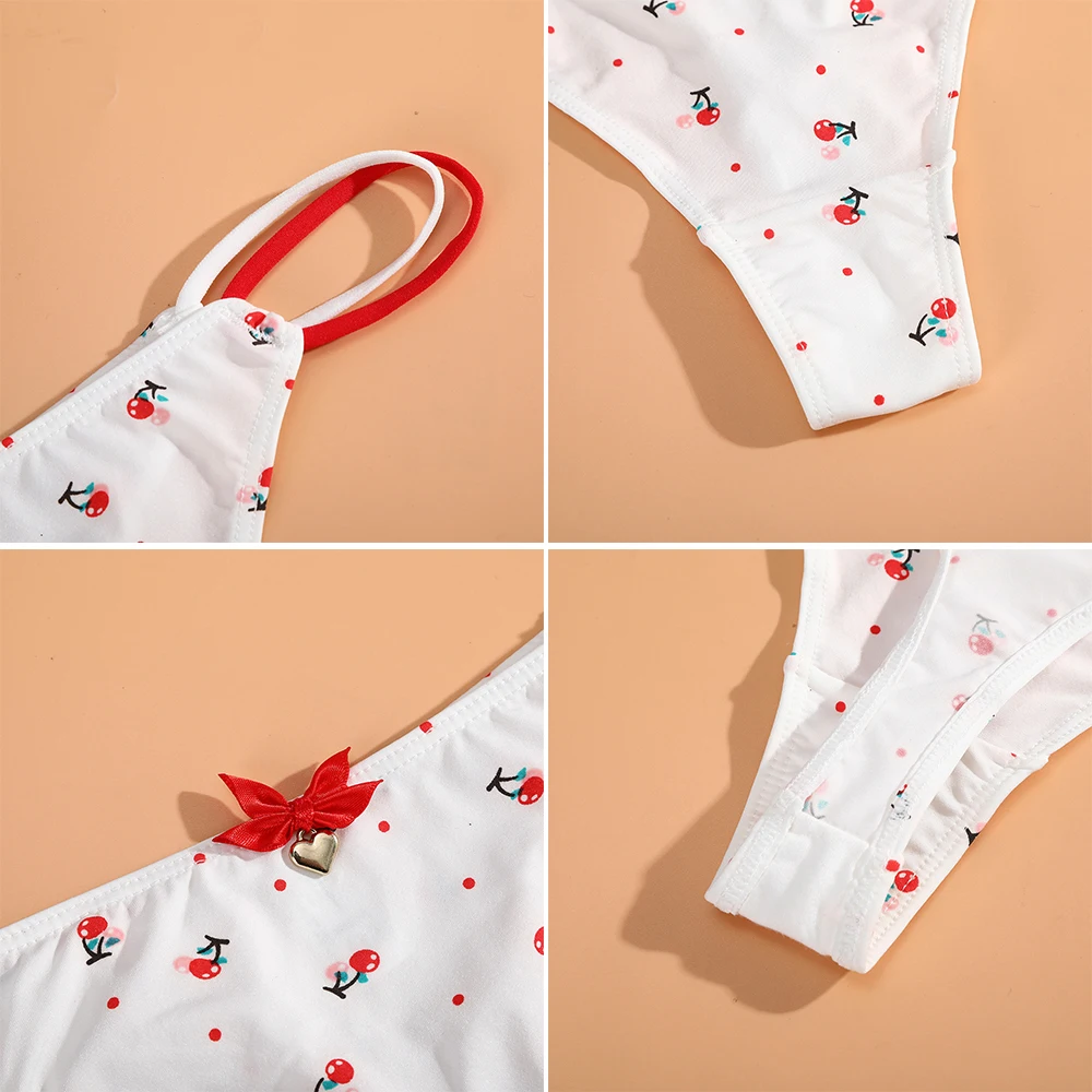 

AIJOLEN Bow knot Strawberry Cute Underpants White Printed Thin Band Thong and Sexy Ladies One Size Panties G String Underwear