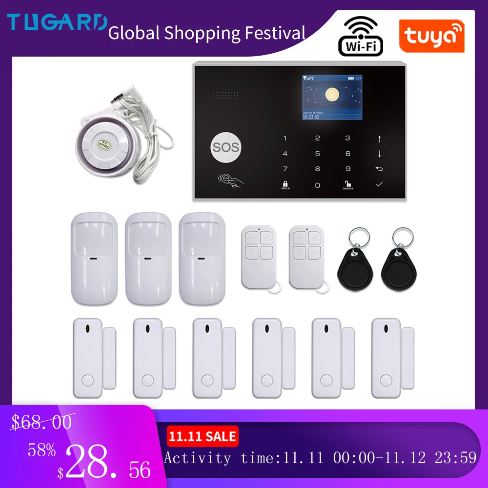 

TUGUARD Tuya 11 Languages 433MHz GSM 3G 4G WIFI Wireless Home Security Burglar Alarm System with Remote Control for Android&iOS