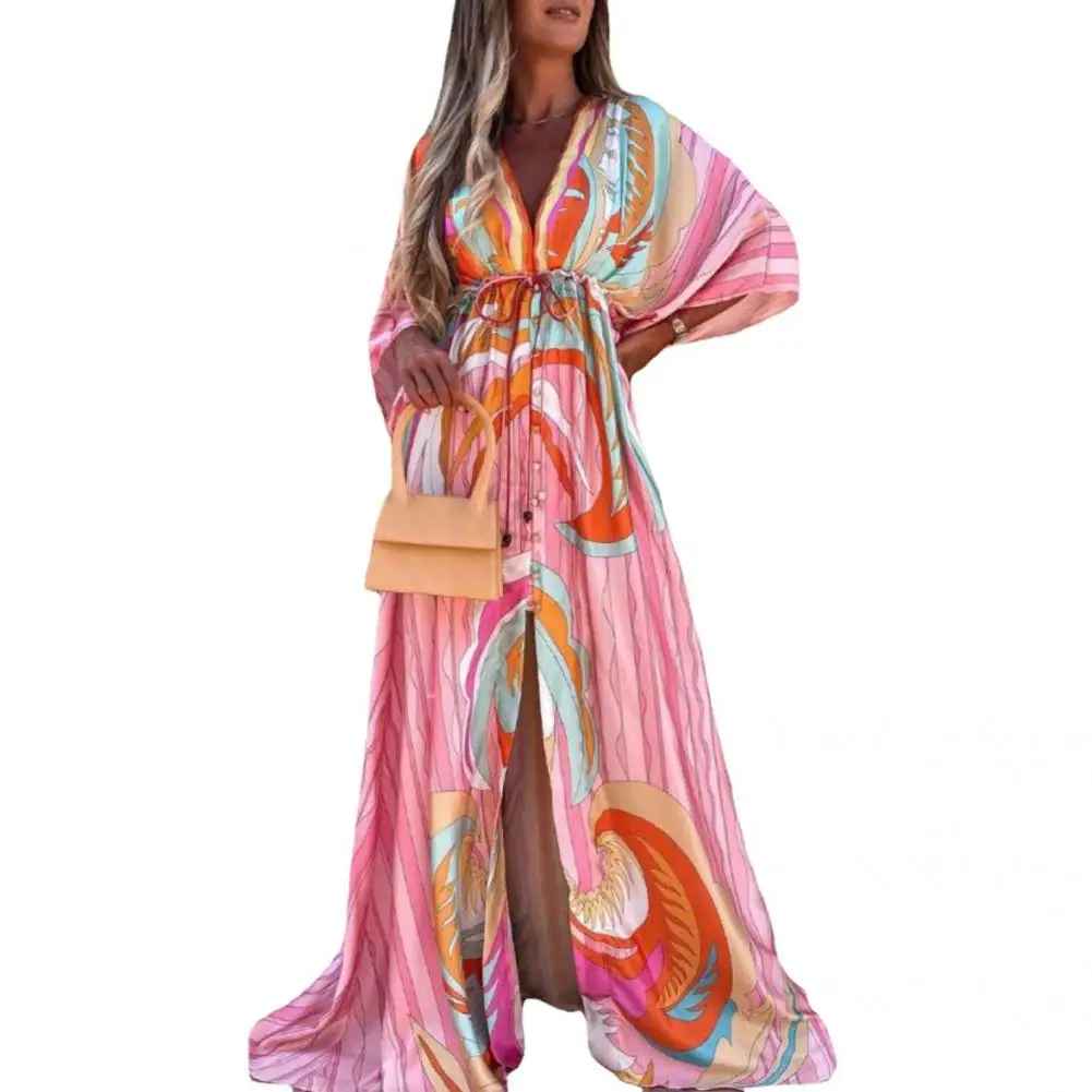 

Women Popular Printed Deep V Neck Dress Beachwear Women Dress Long Sleeve for Party