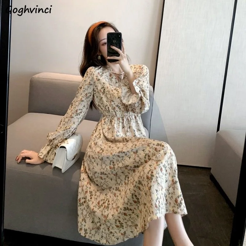 Floral Dress Women Autumn Korean Style Chic Trendy Slim Popular Female Casual Vintage Puff Sleeve Tunic Mid-calf V-neck Vestido | Женская