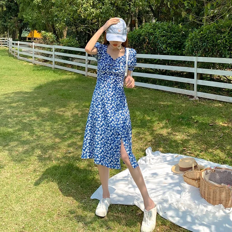 

Summer French V-neck floral split skirt romatic printed blue dress
