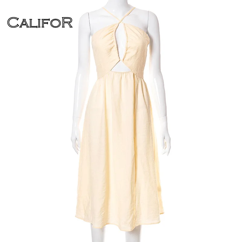 

Korean Style Cut Out Sundress Summer Women's Dress 2021 Backless Beachwear Midi Dress High Waist Split Sweet Dresses for Women