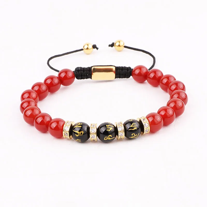 

New Design Natural Stone Red Agate Tibetan Beads CZ Charm Macrame Adjustable Bracelet Women Men