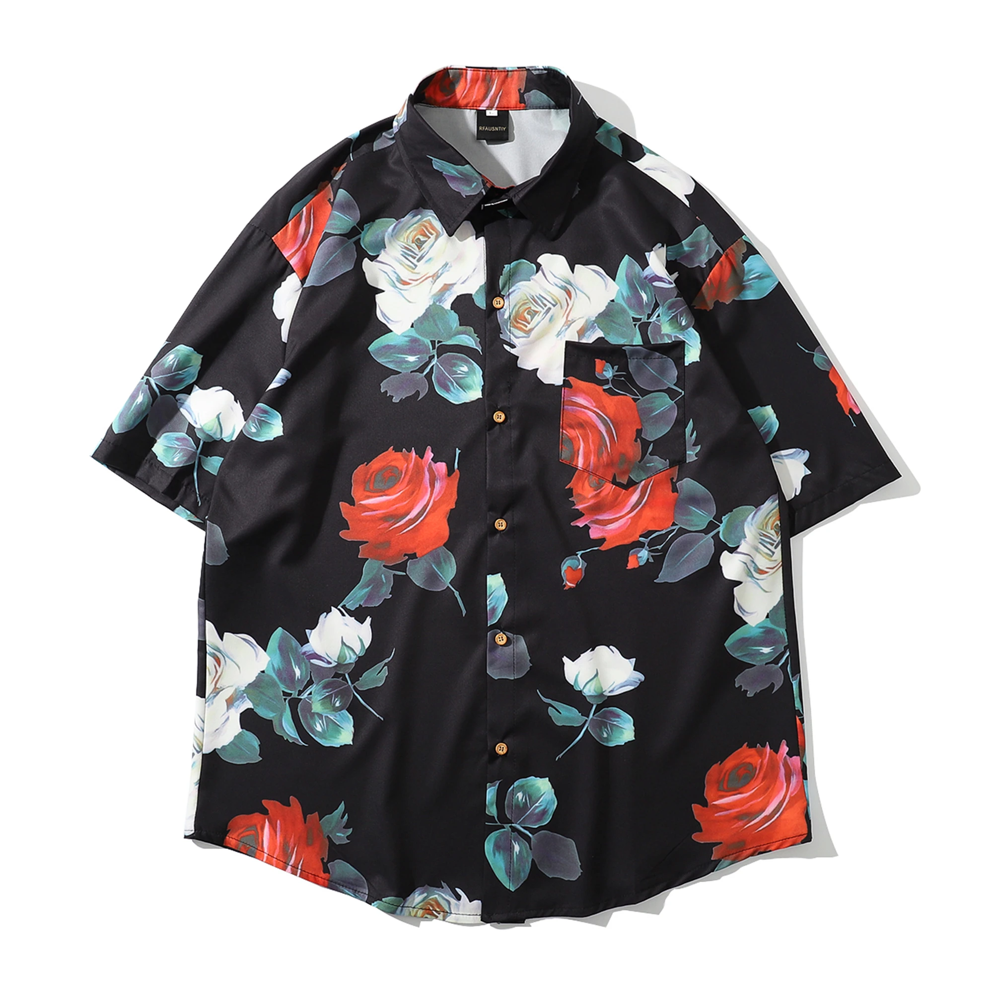 

Summer Rose Pattern Shirt Men Women Black White Casual Short Sleeve Loose Hawaiian Shirts Femme Male Beach Tops