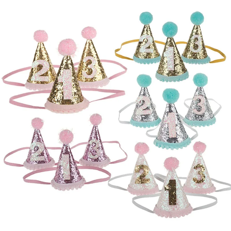 

Милые блестящие шапки на день рождения для мальчиков и девочек, 1/2/3, с шапки с помпонами шапками для дня рождения, торта, реквизит для фото ве...