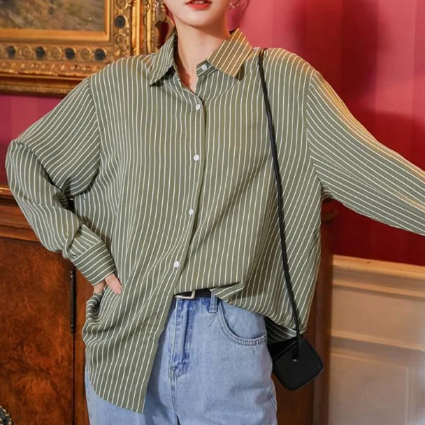 

MINGLIUSILI Vintage Blouses Women Spring Fashion 2021 Stripe Button Up Shirt Long Sleeve Loose Casual Korean Women Clothing