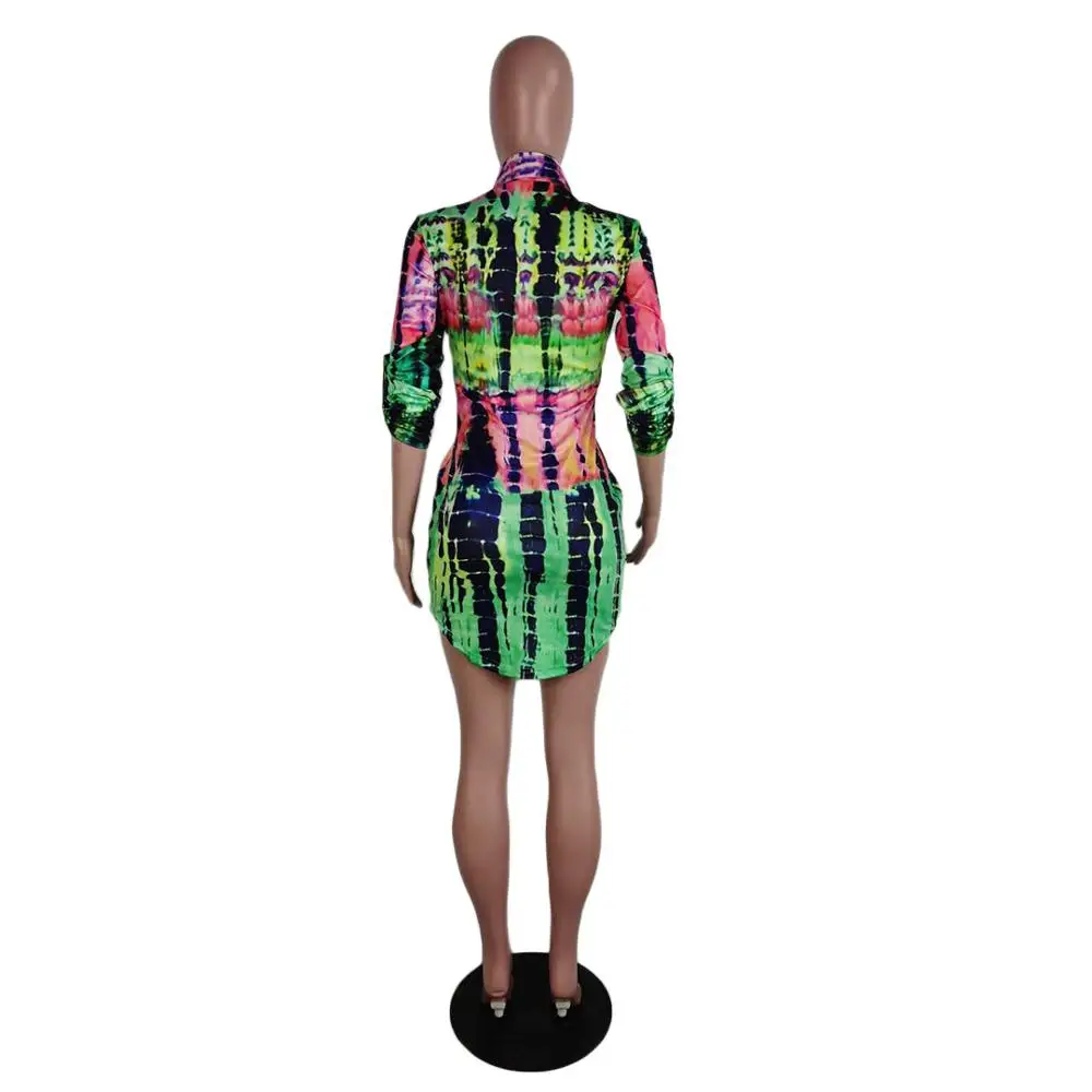 

Adogirl Autumn Casual Colorful Tie Dye Print Women Shirt Dress Long Sleeve Tie Up Slim Mini Dress Fashion Outwear Dress Vestido