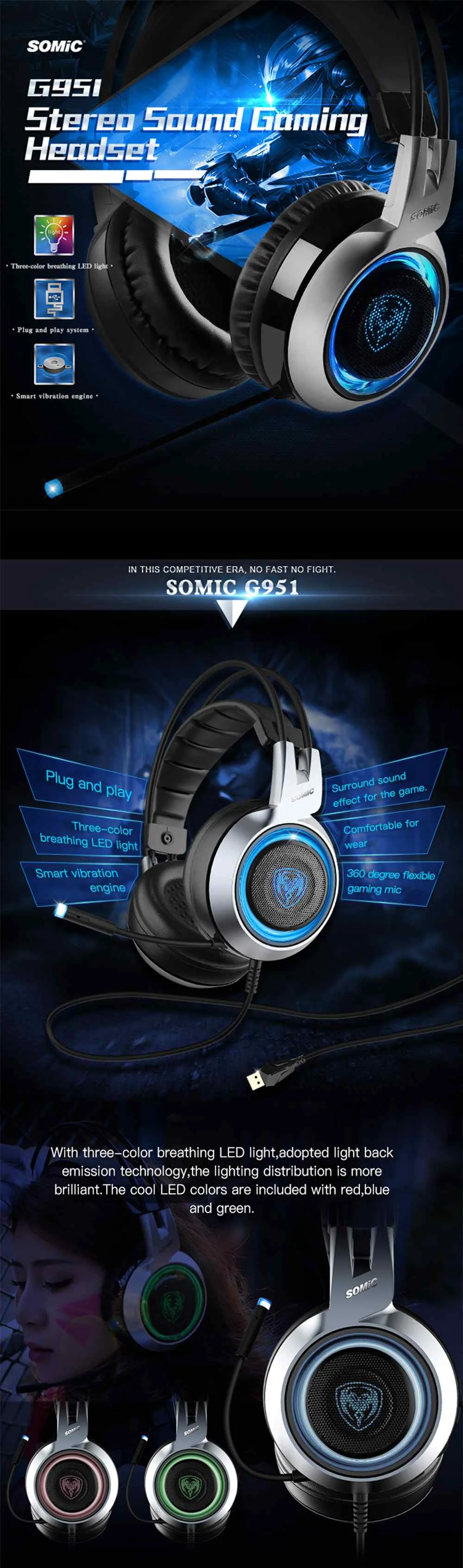 SOMiC G951 USB светодиодный игровой наушник дышащий 3 цвета подсветка бас стерео гарнитура с микрофоном для ПК PS4 геймер