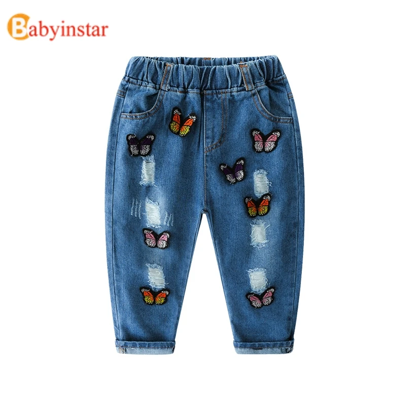 

Hot Sale Kids Ripped Jeans For Girls Jeans For Children Pants Fashion Kids Jeans For Baby Girls Clothing Kids Butterfly Applique