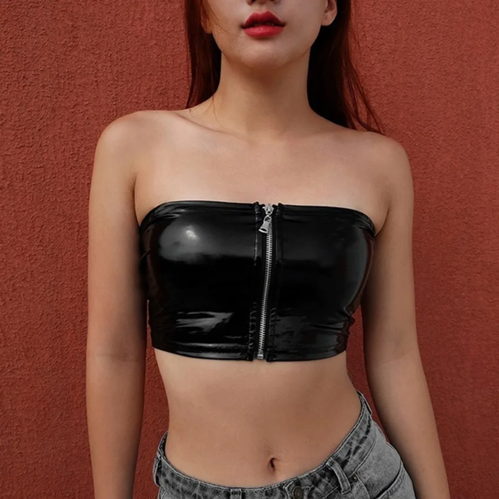 women fashion 2020 bustier tops to wear out Patent Leather Faux Skinny Zip off shoulder top cropped casual sexy #y3 | Женская одежда