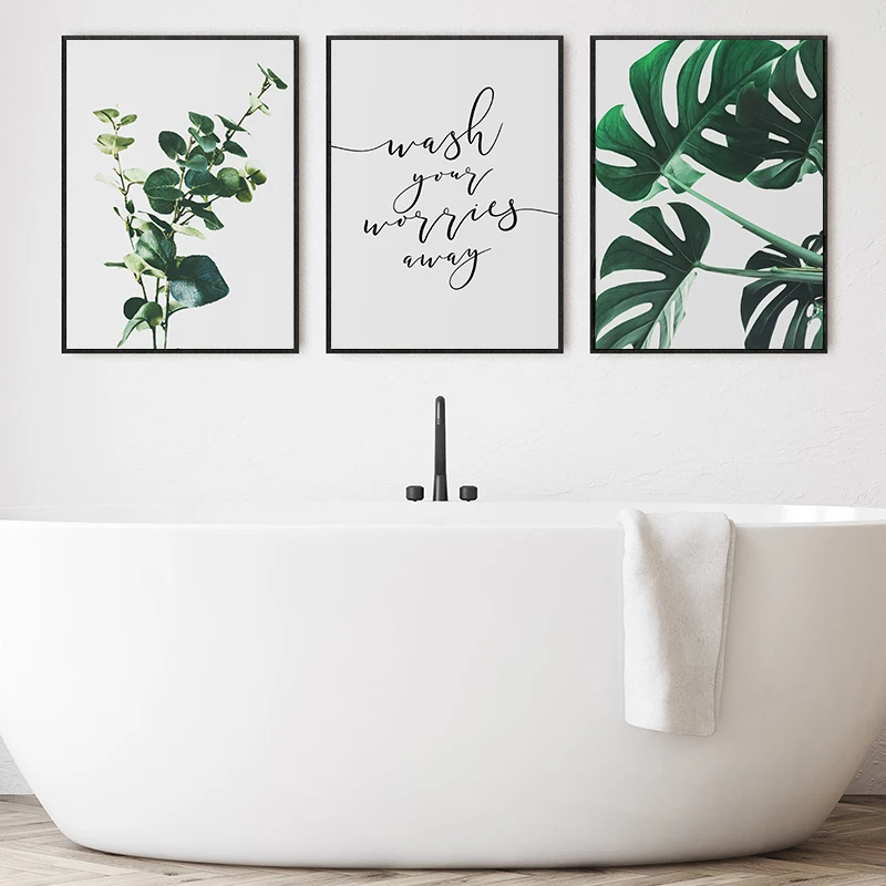 

Simple Quote Wash Your Worries Away Picture Green Leaves Poster Wall Art Canvas Painting Nordic Style Modern Bathroom Room Decor