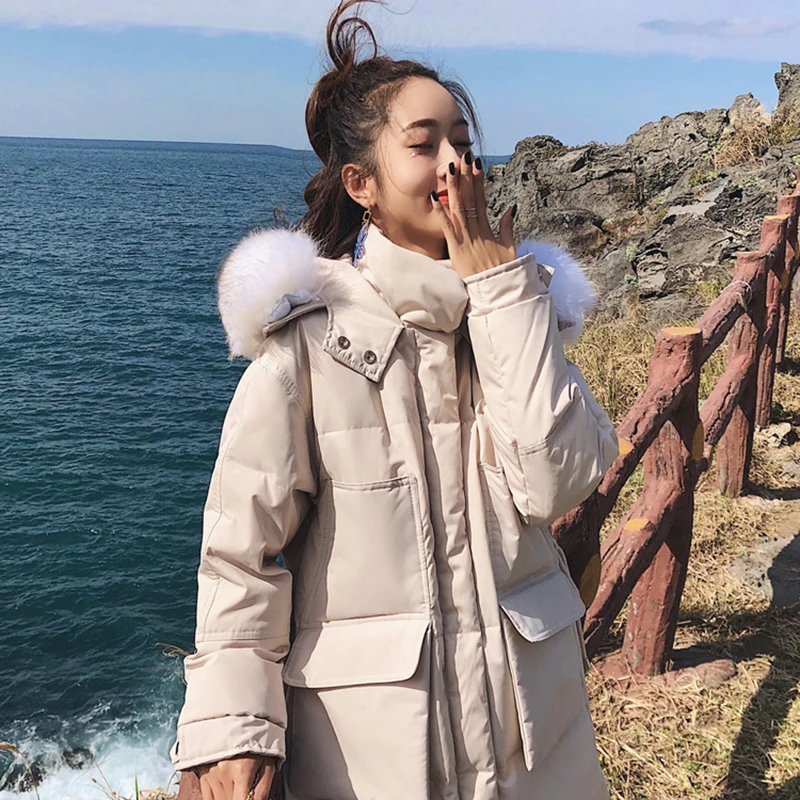 Корейская зимняя женская теплая куртка пальто длинная толстая белая на утином