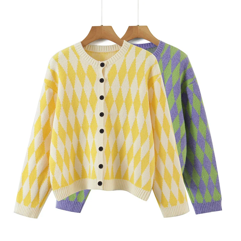 

Винтажный свитер, Укороченный кардиган, женский укороченный Топ с длинным рукавом, Зимние трикотажные пальто желтого и фиолетового цвета ...
