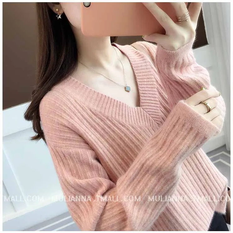 

Fashion women sweater 2020 spring and autumn new long-sleeved V-neck lazy pullover loose sweater