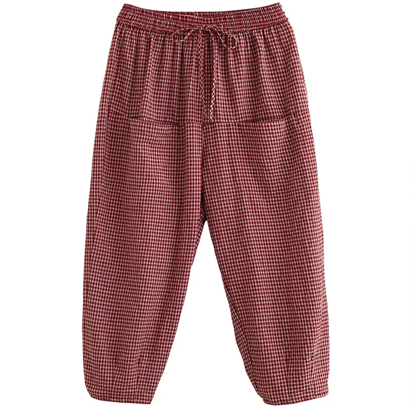 

Autumn 2020 new literature and art large size cotton hemp high waist Plaid casual pocket Harem Pants Capris