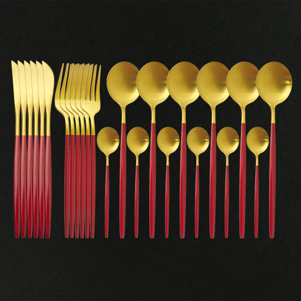 

Matte Red Gold 24Pcs Dinnerware Cutlery Set 18/10 Stainless Steel Food Flatware Home Steak Knife Fork Coffee Spoon Tableware Set
