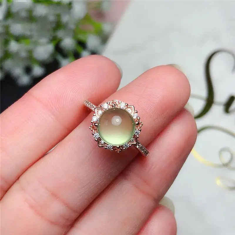 

Original new diamond-studded prehnite egg-round opening adjustable ring elegant charm creative retro female silver jewelry