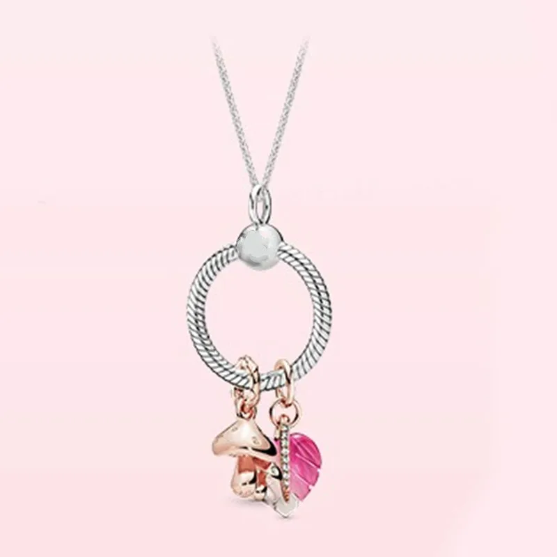 

100% 925 Sterling Silver pan necklace Charm forest rose gold mushroom leaf gift for girlfriend jewelry