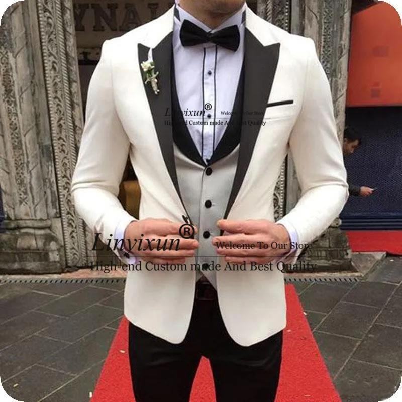 

2020 Ivory Suits For Wedding Groom Tuxedo Black Peak Man Outfit Tialored Bridegroom Attire Best Man Blazer Terno Masculino 3 pcs