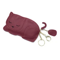 women full grain cow first layer leather cartoon cute slim cat purses keys holder wallets versatile girl cash lipsticks coin bag