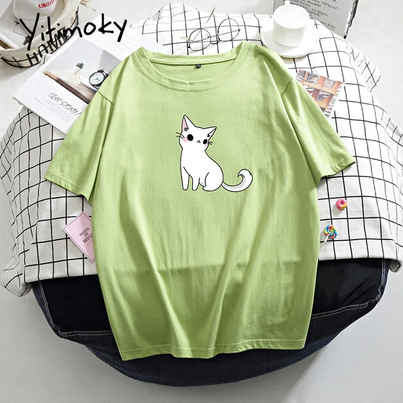 Футболка с милым принтом кота базовая футболка Женская Повседневная круглым