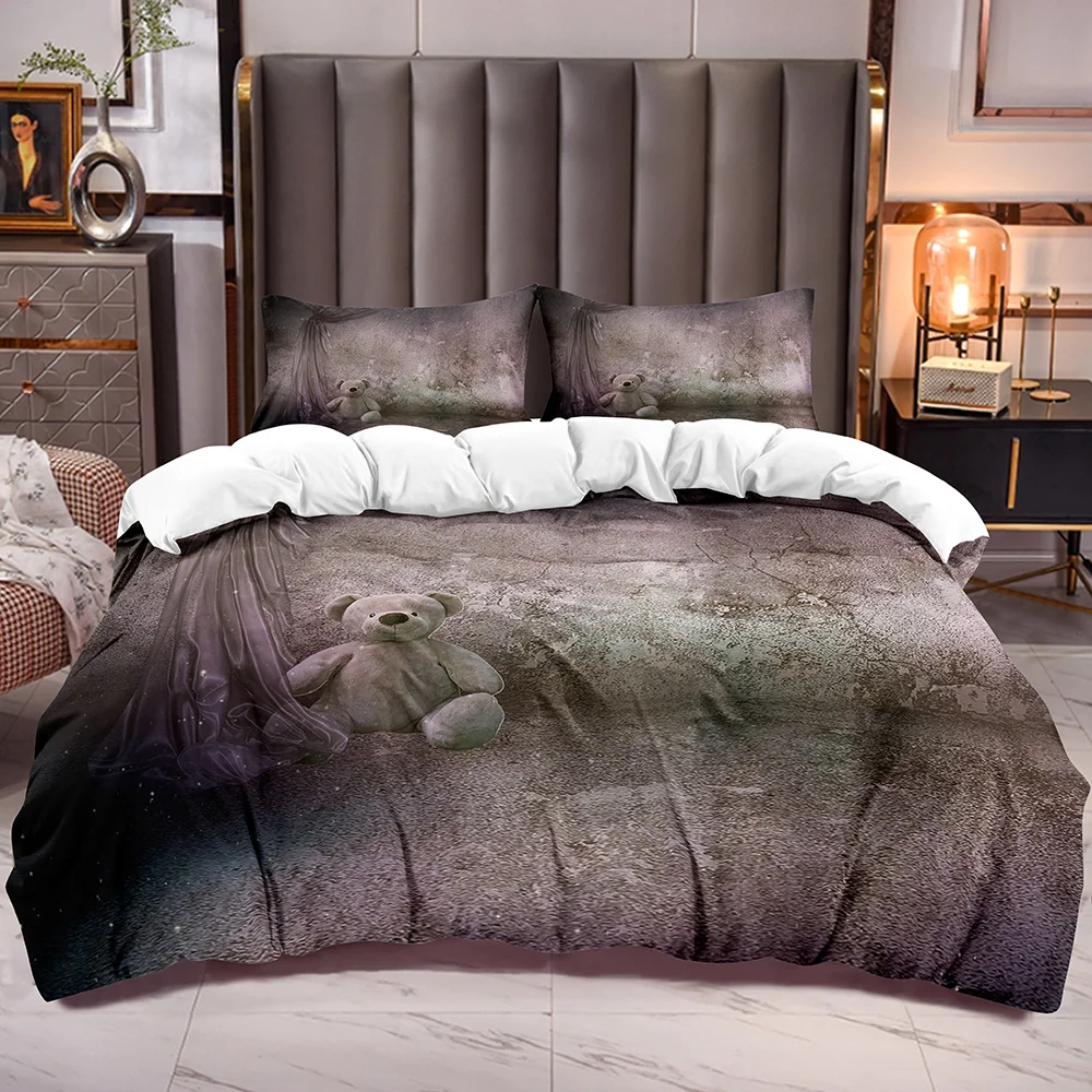 

Microfiber Bedding Duvet Cover Sets with Bear Pattern Kids Comforter Cover with Zipper Closure White Reverse