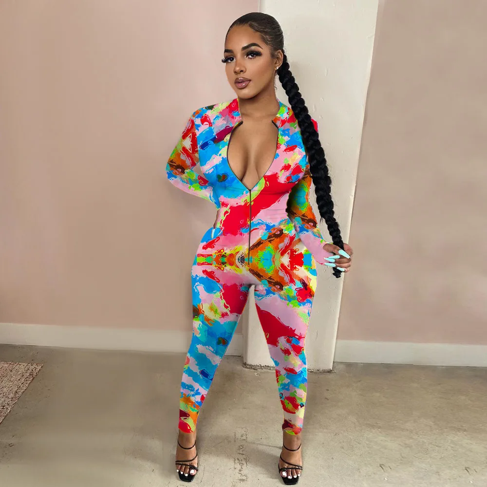 

A49A6593 Autumn Winter Women Streetwear Fashion Casual Home Print Jumpsuit Playsuit Rompers with Finger Cots Plus Size