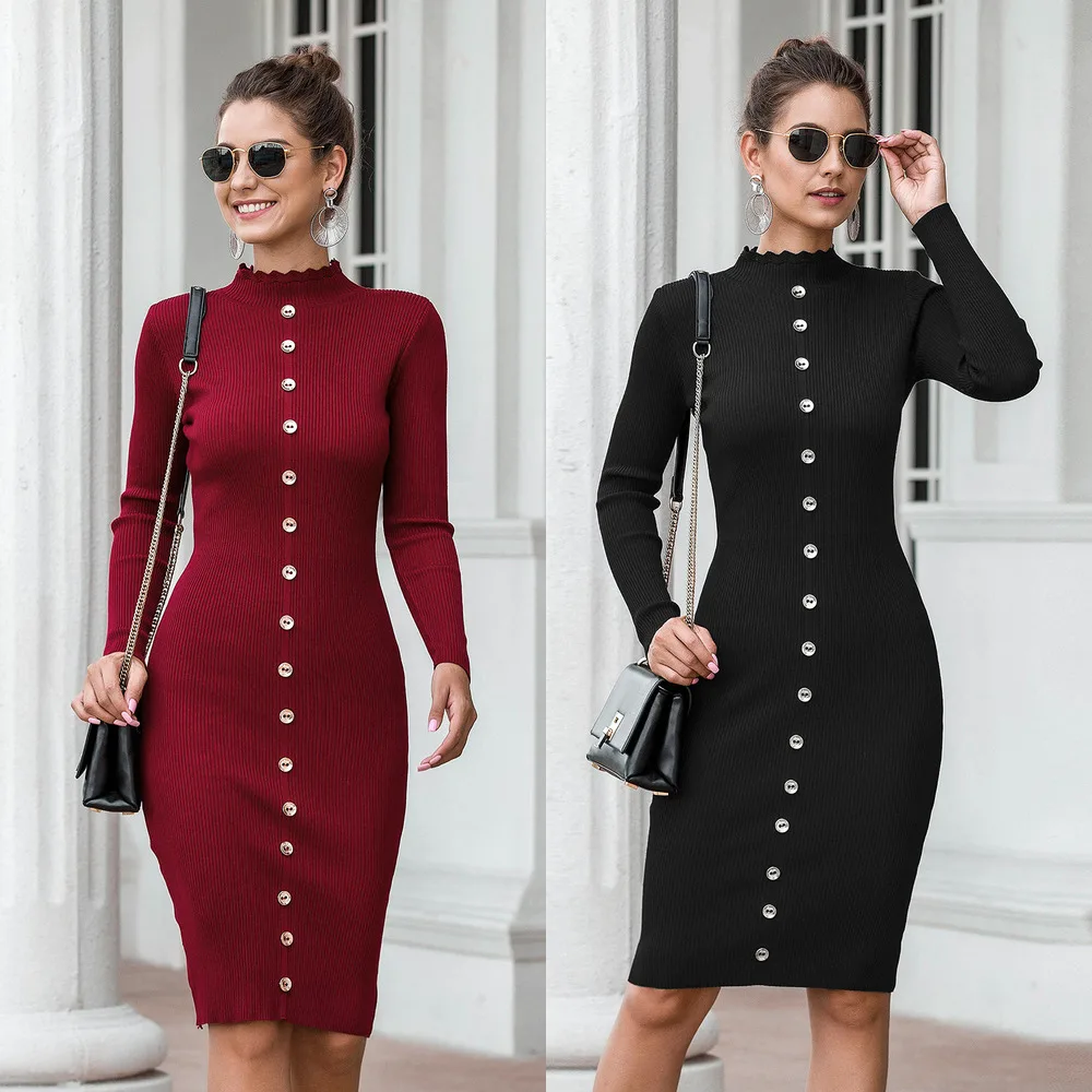 Женское трикотажное платье свитер на пуговицах с длинным рукавом|Женские платья|