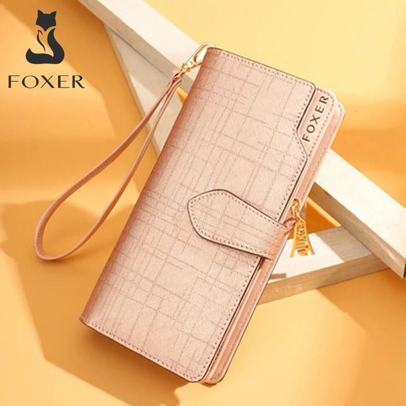 

FOXER Cowhide Leather Wallets Card Holder Purses High Quality Long Wallet Women's Wallet Lady Zipper Clutch Bag with Wristlet