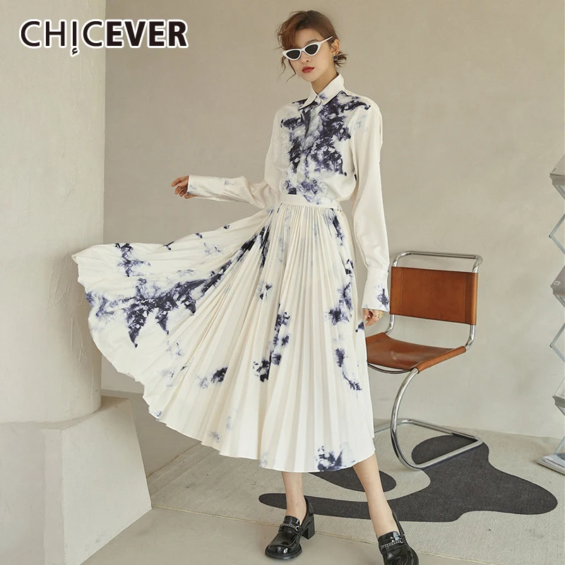 

CHICEVER Tie-dye Colorblock Woemn's Suits Lapel Collar Long Sleeve T Shirt With High Waist Long Skirts For Female Csaual Sets