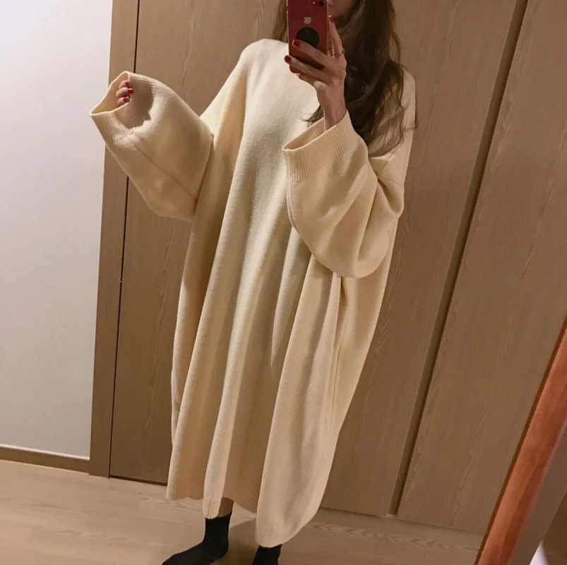 Осеннее длинное платье-свитер; большие размеры; Vestidos Jurken; Прямые Повседневные вязаные платья с круглым вырезом; элегантное вязаное платье; зимнее платье