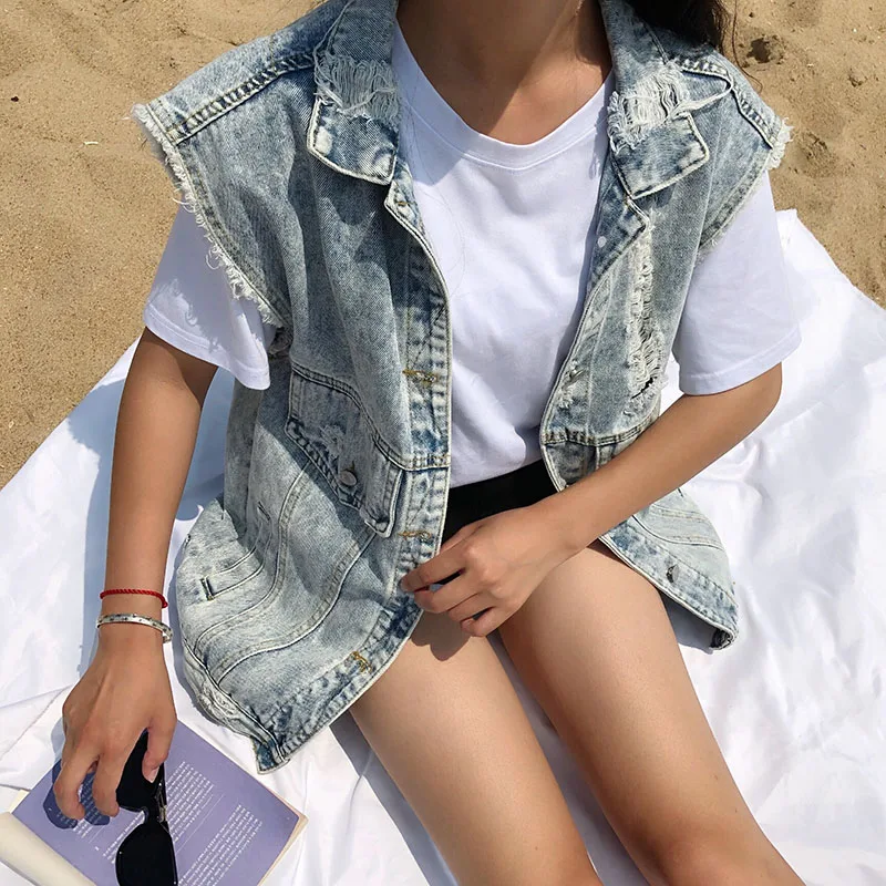 

NEW Women Denim Vest Coat Free Size Open Stitch Hole Vintage Sleeveless Vest Jacket Women Vests Denim Cotton Waist Coat Clothing
