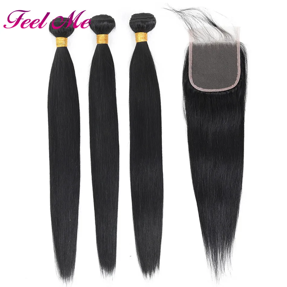 Feel Me Malaysian Straight Hair Bundles With Closure Human 3/4 Natural Color Non Remy Extensions | Шиньоны и парики