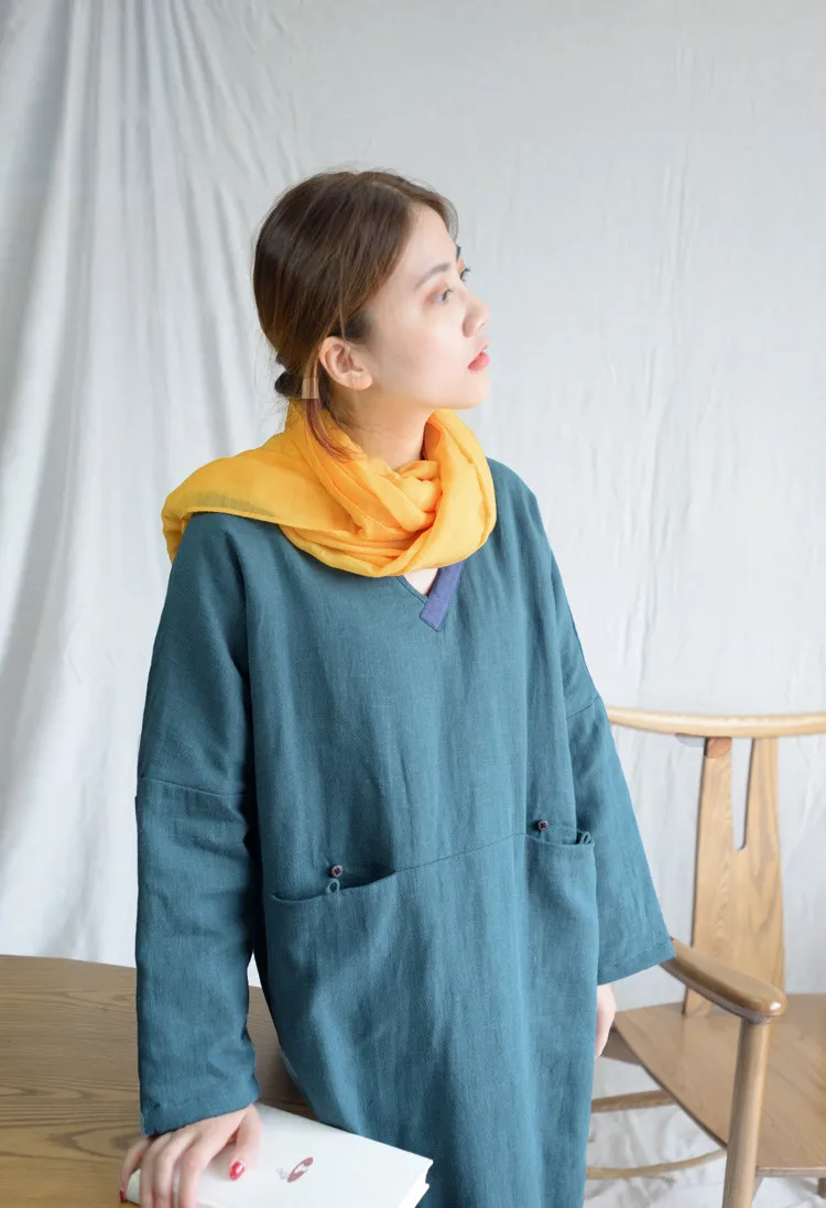 SCUWLINEN/ Женское зимнее платье, однотонное, с v-образным вырезом, в стиле пэчворк, в стиле ретро, плотное, теплое, свободное, с хлопковой подкладкой, длинное платье дзен, S1004