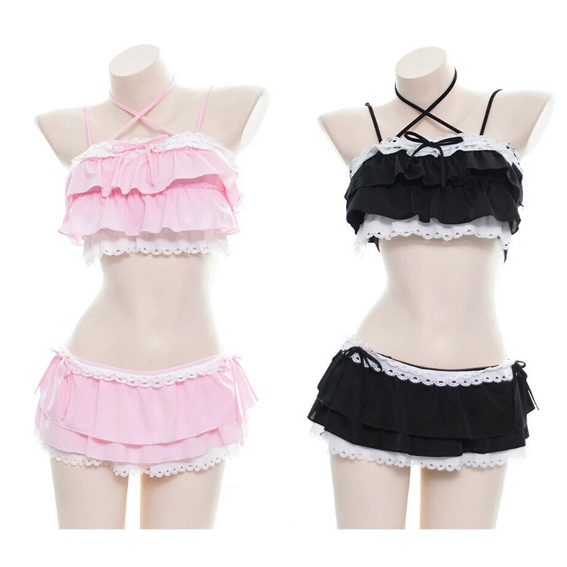 

Cute Girls Lolita Ruffle Bikini Sukumizu Cosplay Pink Black Color Swimsuit Hollowed Multilayer Hem Biquini Women Swimwear